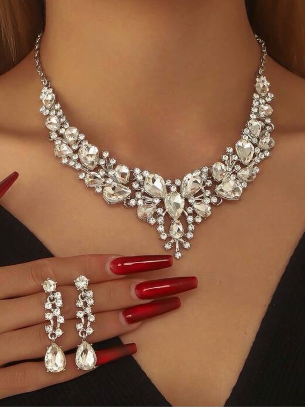 Macy's Silver-Tone Crystal Bib Necklace with Matching Earrings